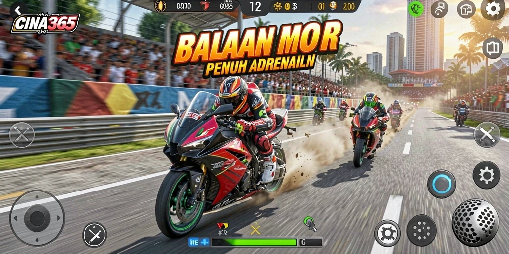 Tampilan gameplay CINA365 dengan aksi balapan motor seru.