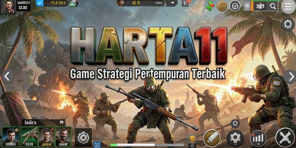 Screenshot utama HARTA11 menampilkan aksi pertempuran seru.