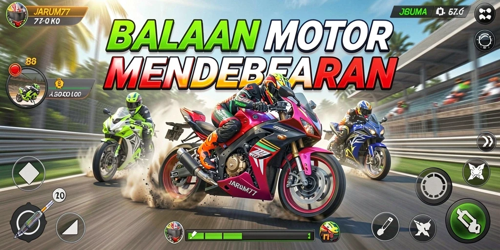 Screenshot gameplay <strong>JARUM77</strong> yang menunjukkan balapan motor seru.