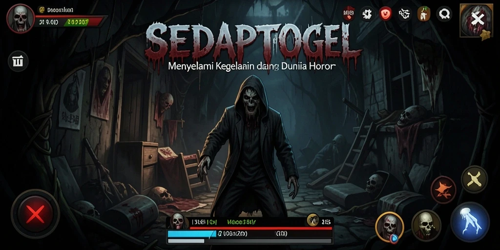 Tampilan gameplay SEDAPTOGEL dengan suasana horor yang mencekam.