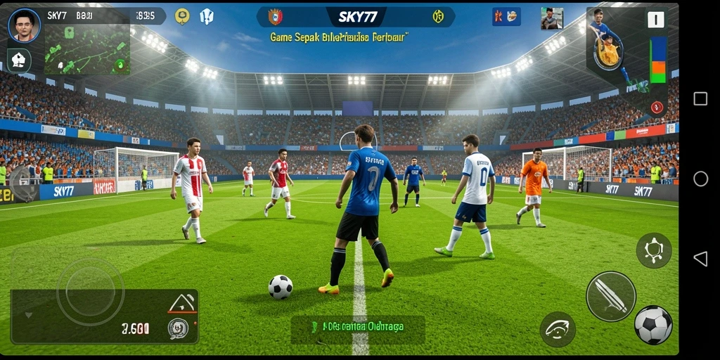 Screenshot permainan <strong>SKY77</strong> menunjukkan aksi seru di lapangan sepak bola.