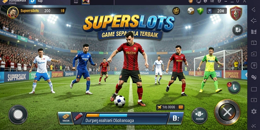 Tampilan action-packed gameplay SUPERSLOTS dengan elemen sepak bola.