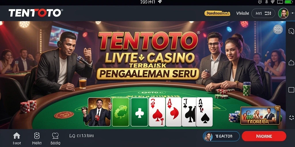 Screenshot gameplay TENTOTO menampilkan dealer yang tersenyum dan pemain yang bersemangat.